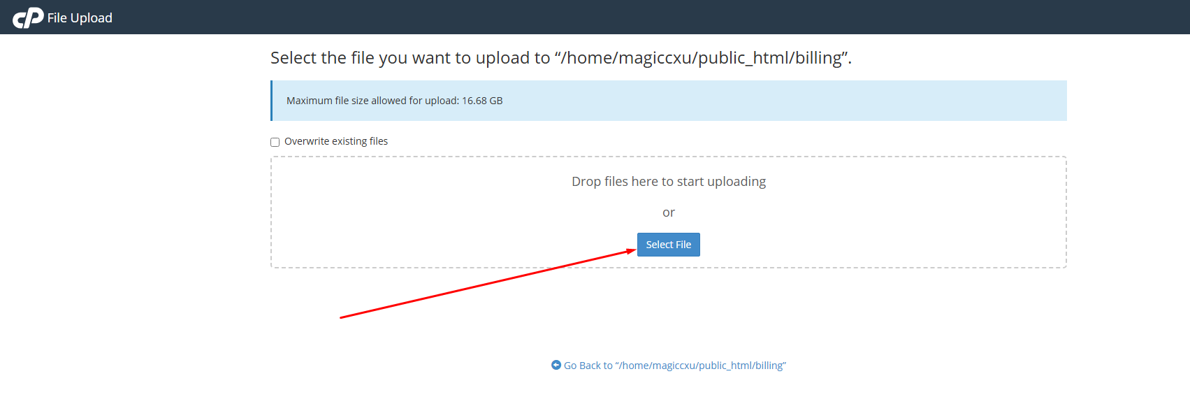 cPanel File Upload page with the Select File button for uploading jamesinvoicing-whmcs.zip cPanel File Upload page with the Select File button for uploading jamesinvoicing-whmcs.zip