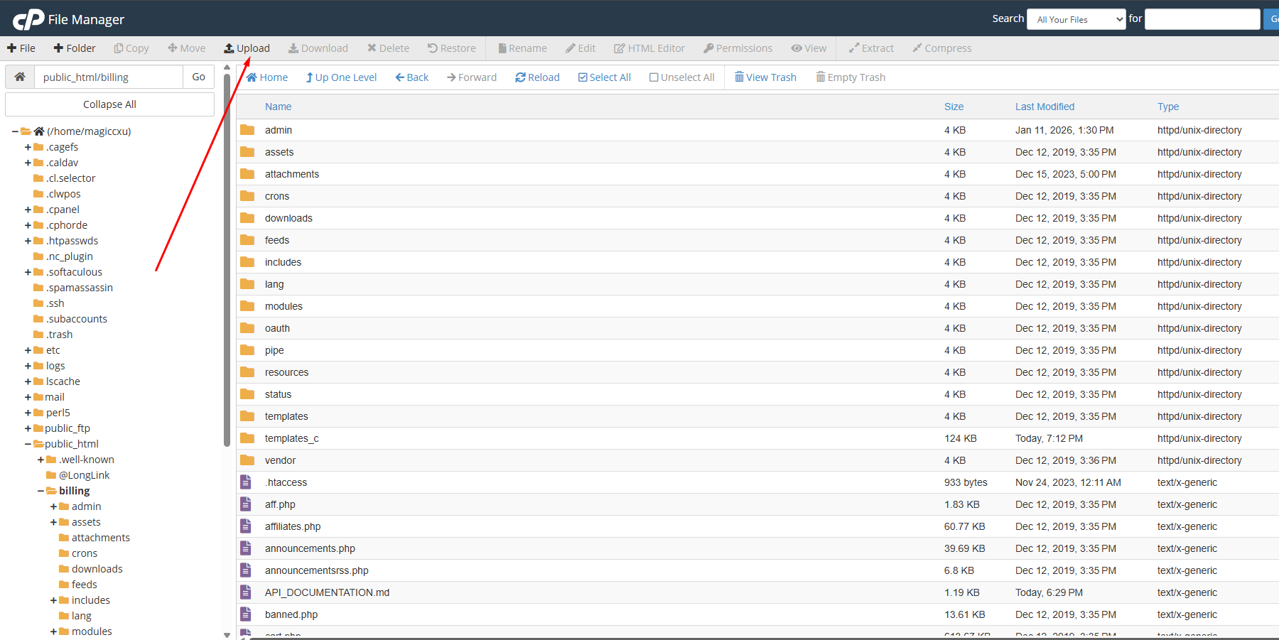 cPanel File Manager toolbar with the Upload button highlighted inside the WHMCS billing folder cPanel File Manager toolbar with the Upload button highlighted inside the WHMCS billing folder