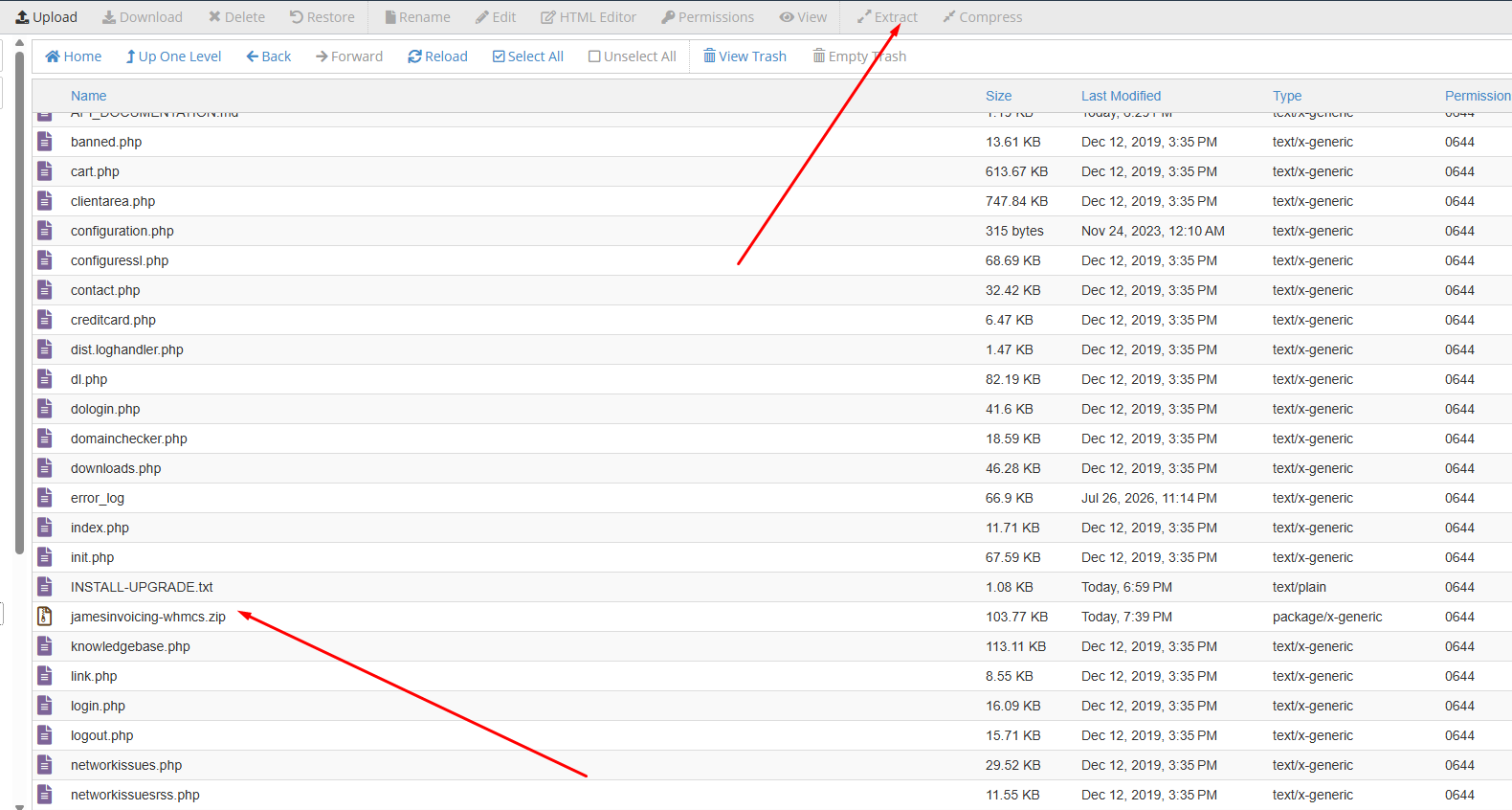 cPanel File Manager Extract button with jamesinvoicing-whmcs.zip selected in the WHMCS folder cPanel File Manager Extract button with jamesinvoicing-whmcs.zip selected in the WHMCS folder