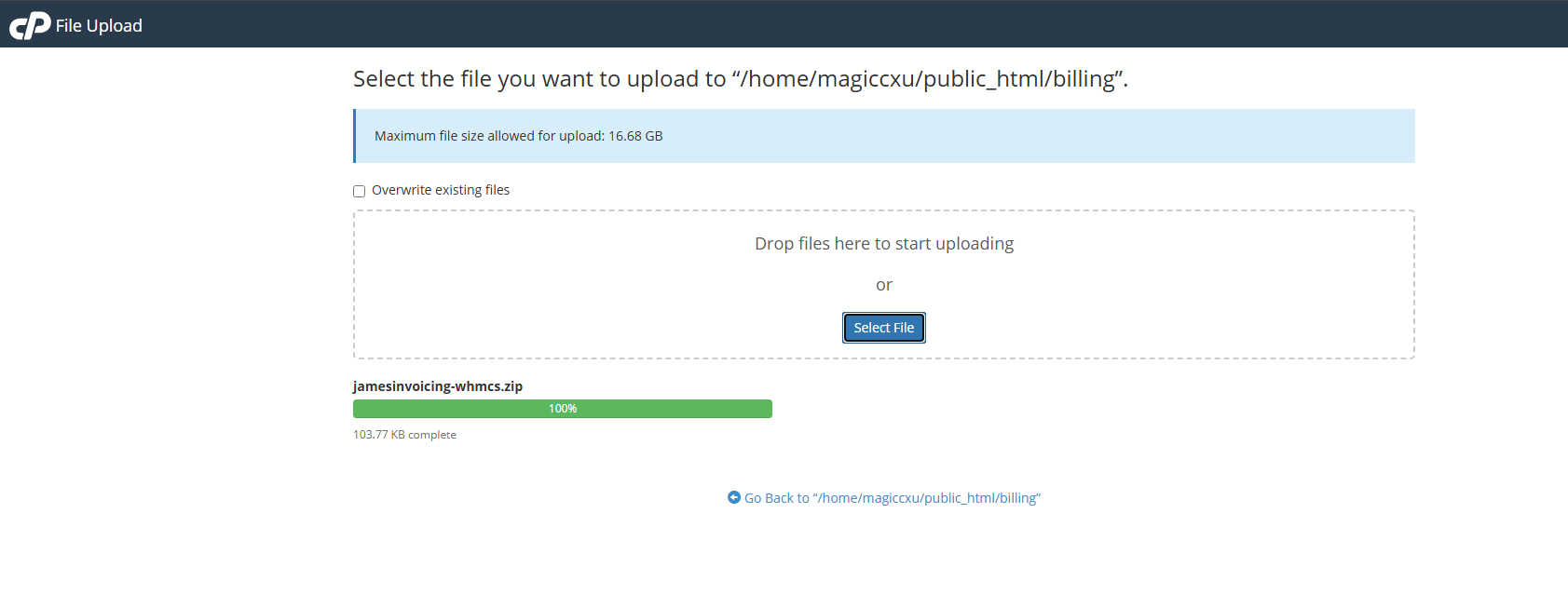 cPanel upload progress bar showing jamesinvoicing-whmcs.zip 100% complete cPanel upload progress bar showing jamesinvoicing-whmcs.zip 100% complete