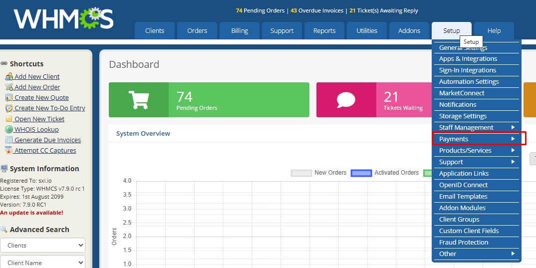 WHMCS admin dashboard Setup menu with Payments highlighted WHMCS admin dashboard Setup menu with Payments highlighted