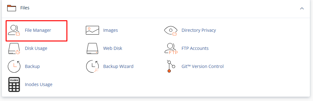cPanel dashboard Files section with File Manager highlighted for installing the Jamesinvoicing WHMCS crypto payment gateway cPanel dashboard Files section with File Manager highlighted for installing the Jamesinvoicing WHMCS crypto payment gateway