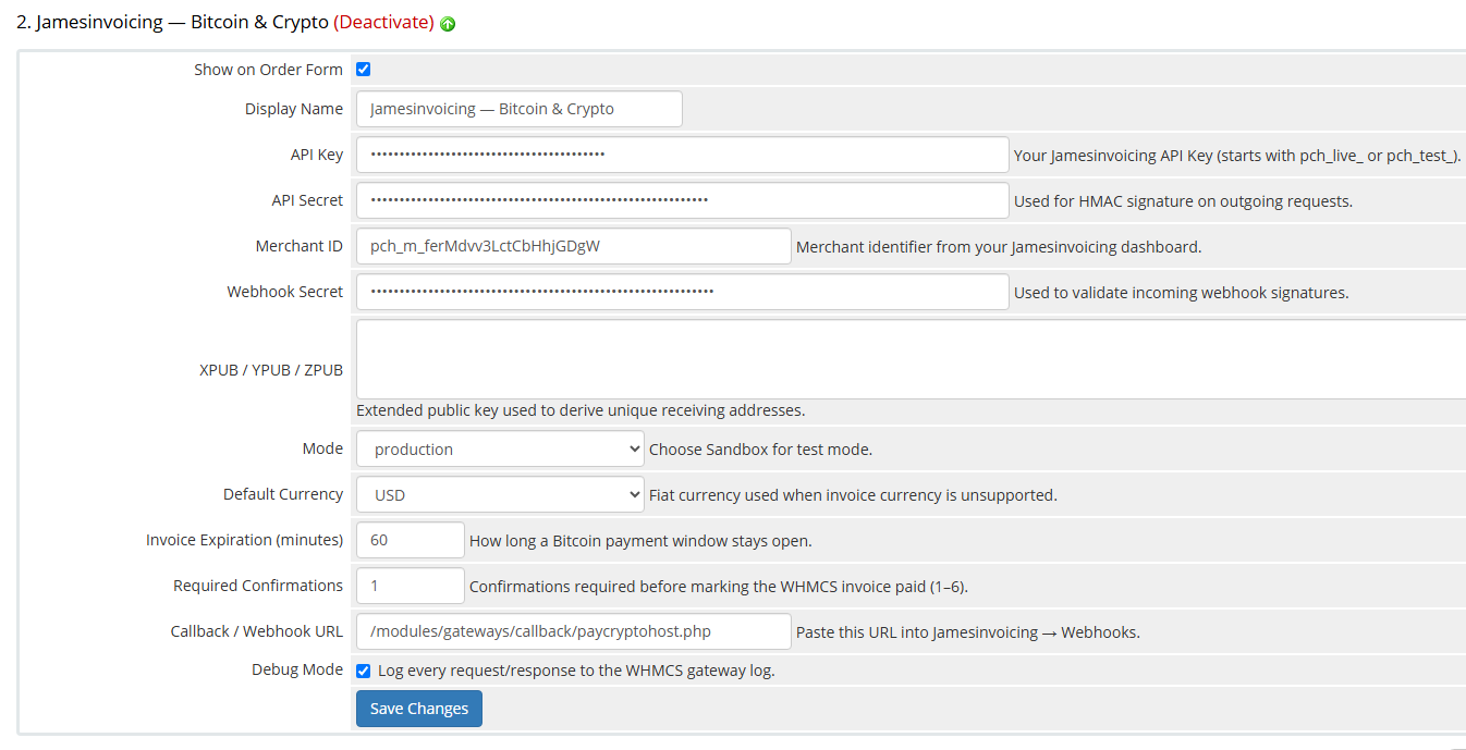 WHMCS Jamesinvoicing gateway settings with API key, API secret, merchant ID, webhook secret and Save Changes button WHMCS Jamesinvoicing gateway settings with API key, API secret, merchant ID, webhook secret and Save Changes button